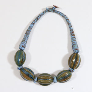 Button Clasp Polished Stone Blue and Tan 19 inch